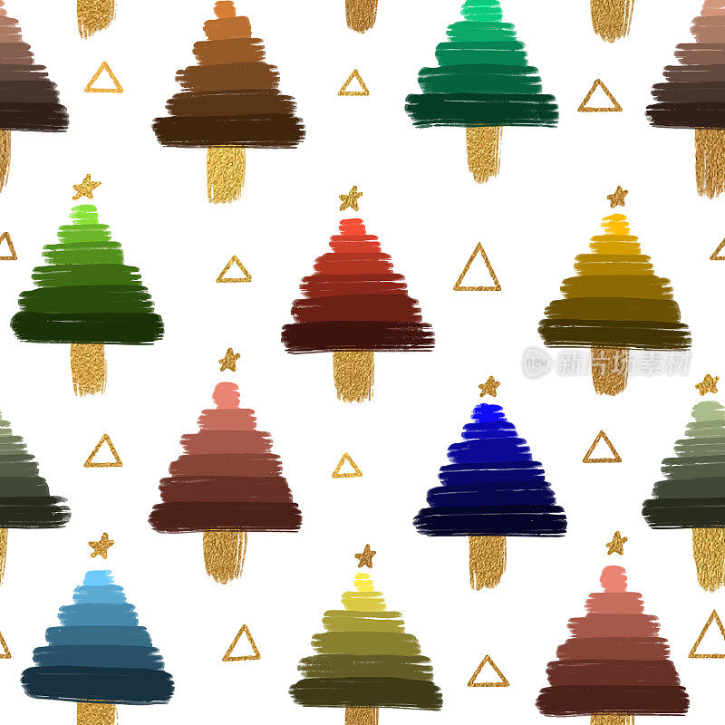 手绘水彩圣诞/节日树无缝图案。森林的背景。幼稚的质感为面料、纺织。